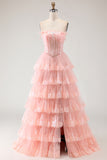 Floral Blush Tiered Tulle A Line Long Corset Prom Dress with Slit