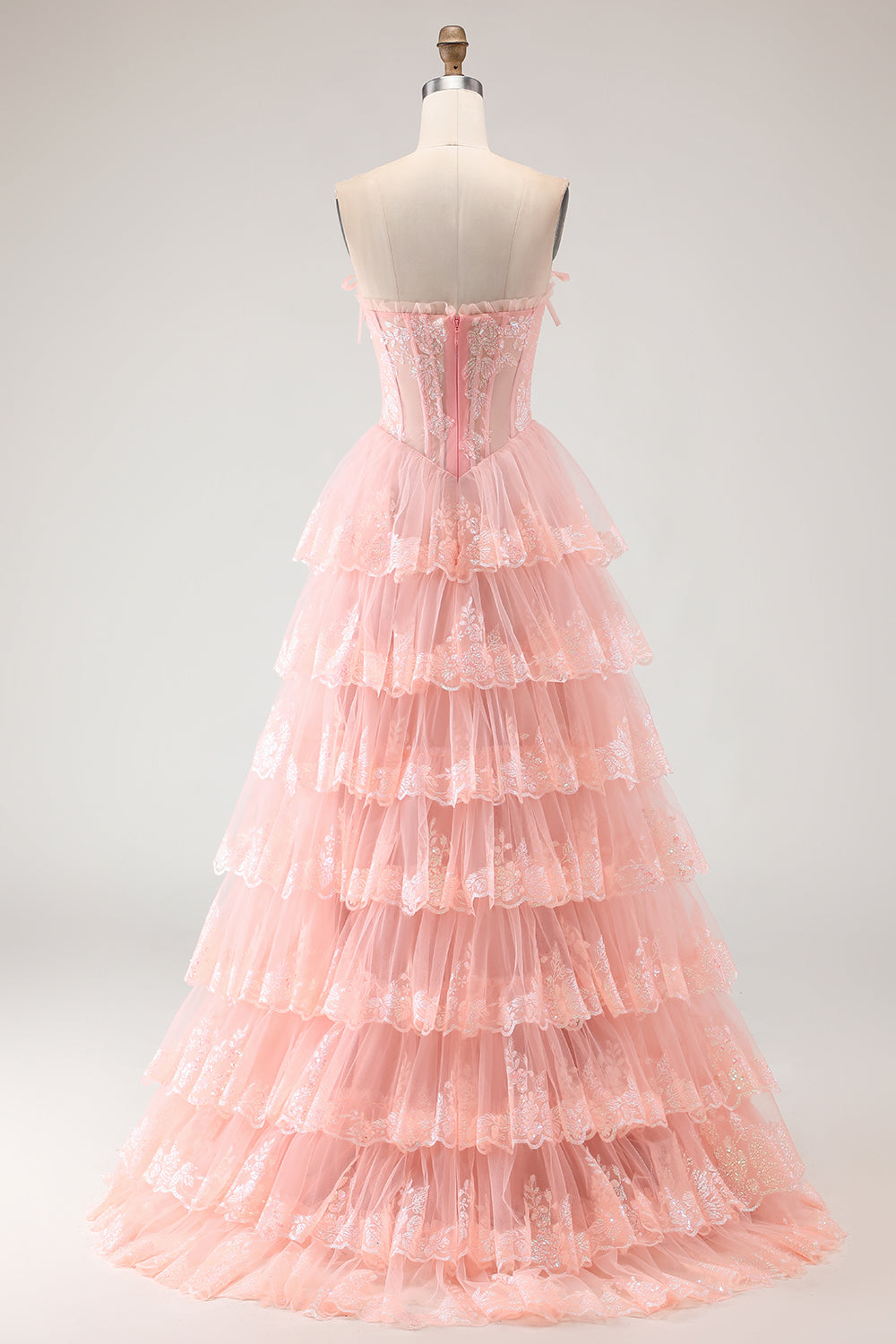 Floral Blush Tiered Tulle A Line Long Corset Prom Dress with Slit