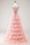 Floral Blush Tiered Tulle A Line Long Corset Prom Dress with Slit