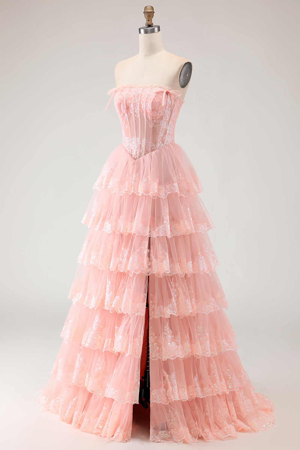 Floral Blush Tiered Tulle A Line Long Corset Prom Dress with Slit