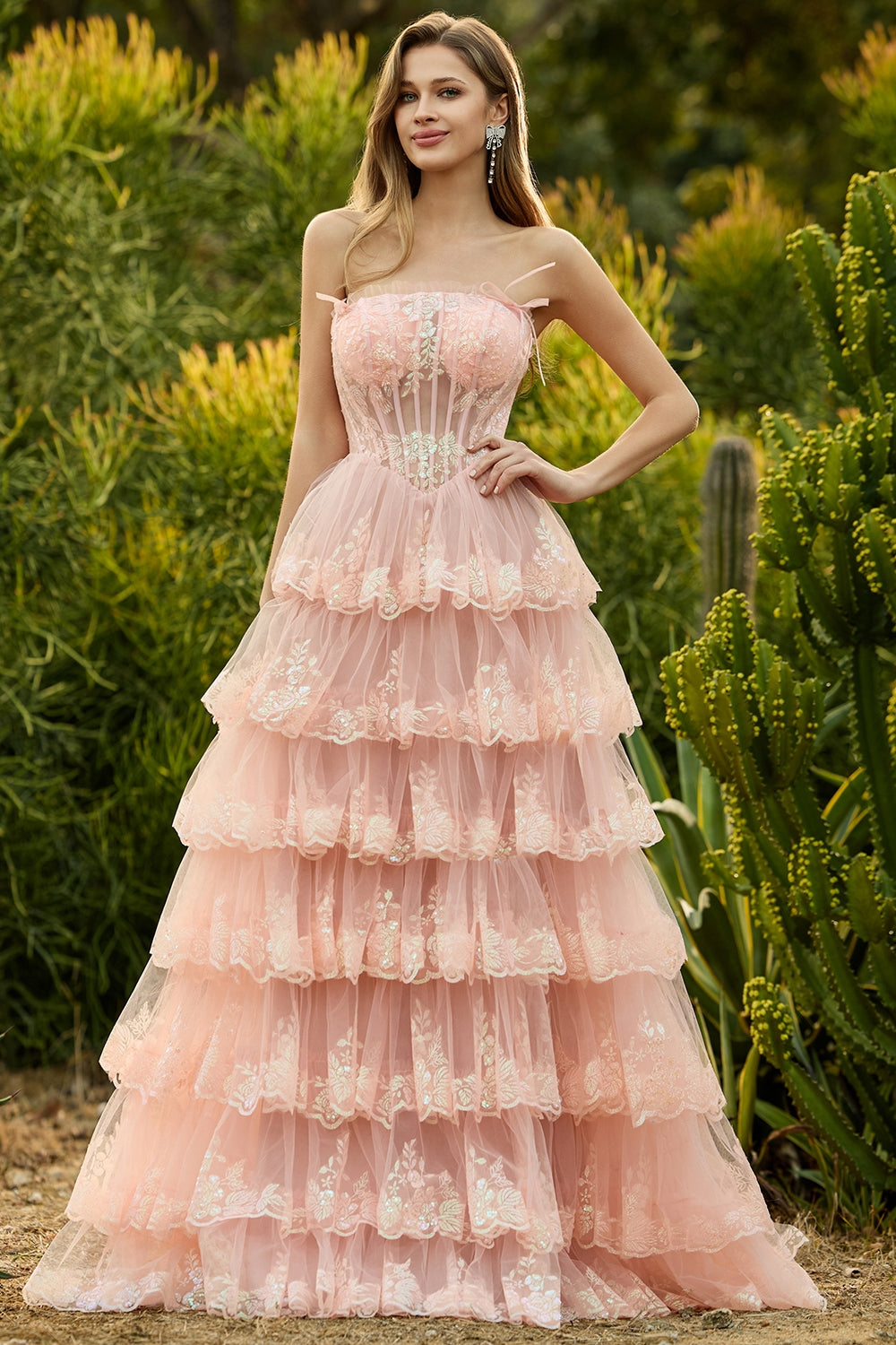 Blush Floral Tulle A Line Tiered Long Corset Prom Dress with Slit