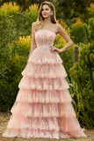 Blush Floral Tulle A Line Tiered Long Corset Prom Dress with Slit