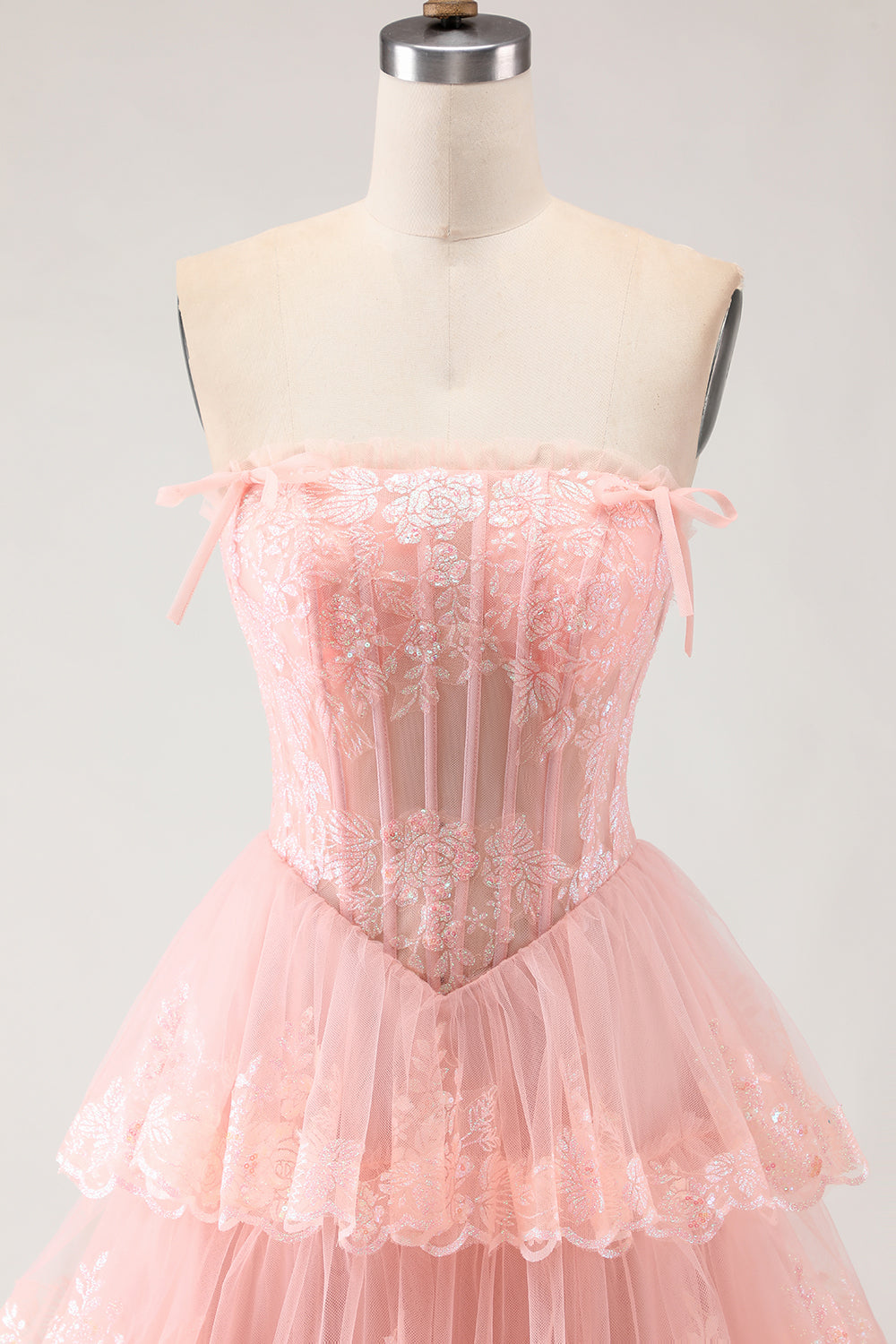 Floral Blush Tiered Tulle A Line Long Corset Prom Dress with Slit