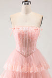 Floral Blush Tiered Tulle A Line Long Corset Prom Dress with Slit