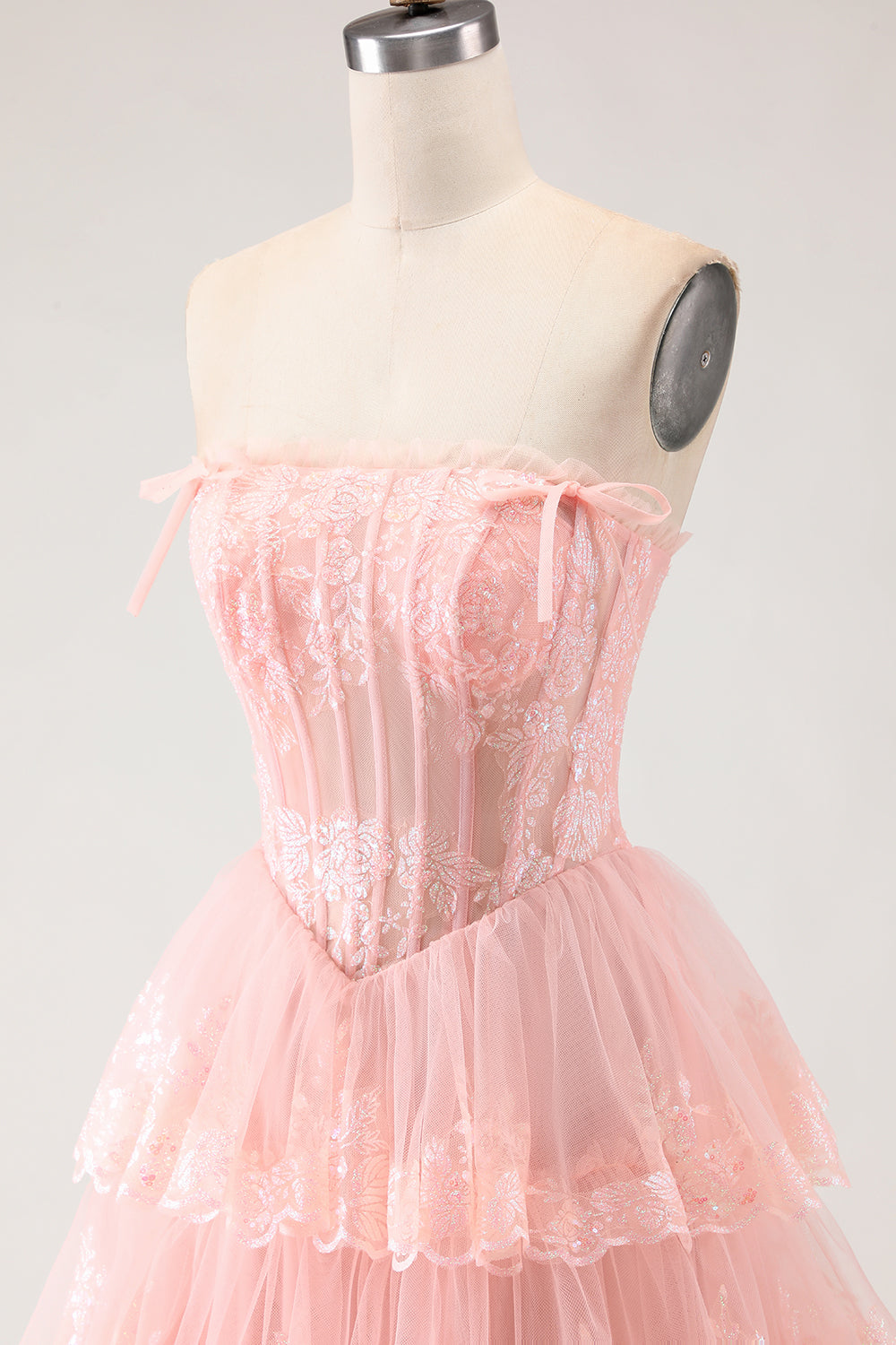 Floral Blush Tiered Tulle A Line Long Corset Prom Dress with Slit