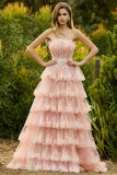 Blush Floral Tulle A Line Tiered Long Corset Prom Dress with Slit