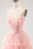 Floral Blush Tiered Tulle A Line Long Corset Prom Dress with Slit