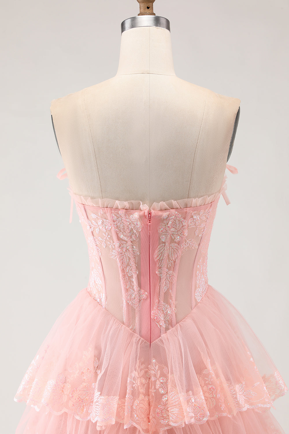 Floral Blush Tiered Tulle A Line Long Corset Prom Dress with Slit