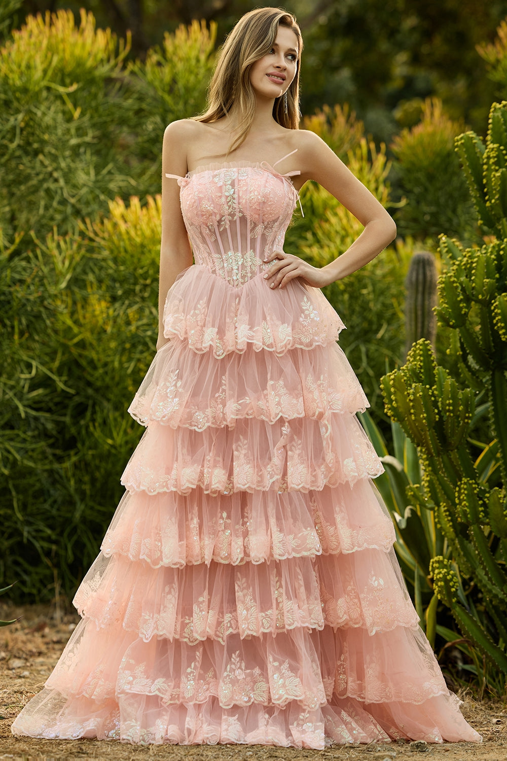 Blush Floral Tulle A Line Tiered Long Corset Prom Dress with Slit