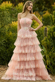 Blush Floral Tulle A Line Tiered Long Corset Prom Dress with Slit