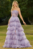 Blush Floral Tulle A Line Tiered Long Corset Prom Dress with Slit