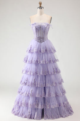Floral Lilac Tiered Tulle Ruffled Long Corset Prom Dress with Slit