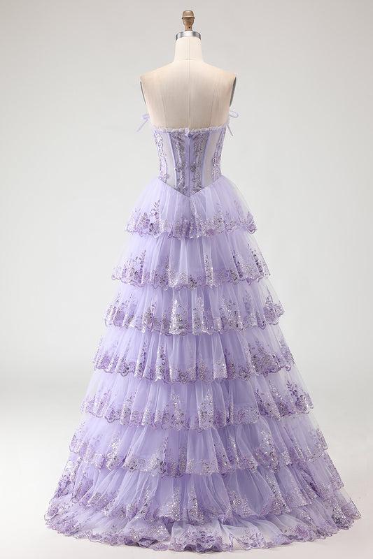 Floral Lilac Tiered Tulle Ruffled Long Corset Prom Dress with Slit