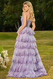 Blush Floral Tulle A Line Tiered Long Corset Prom Dress with Slit