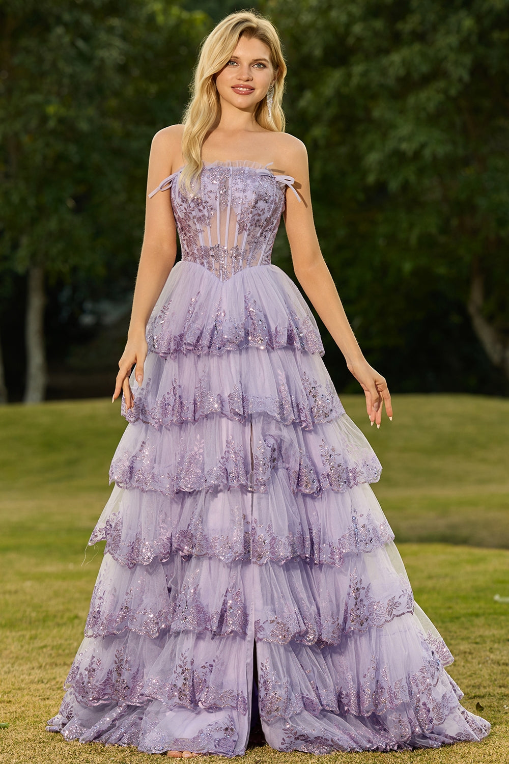 Blush Floral Tulle A Line Tiered Long Corset Prom Dress with Slit