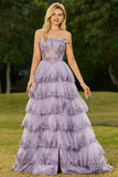 Blush Floral Tulle A Line Tiered Long Corset Prom Dress with Slit