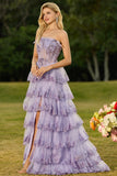 Blush Floral Tulle A Line Tiered Long Corset Prom Dress with Slit