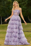 Blush Floral Tulle A Line Tiered Long Corset Prom Dress with Slit