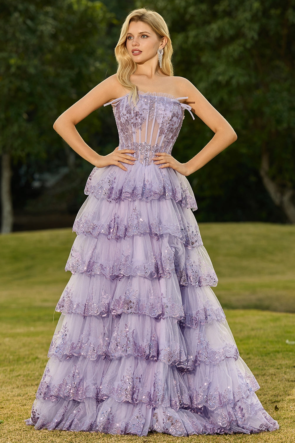 Blush Floral Tulle A Line Tiered Long Corset Prom Dress with Slit