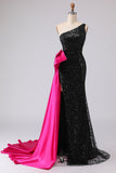 Sparkly Black Sequin One Shoulder Mermaid Long Prom Dress with Side Cape