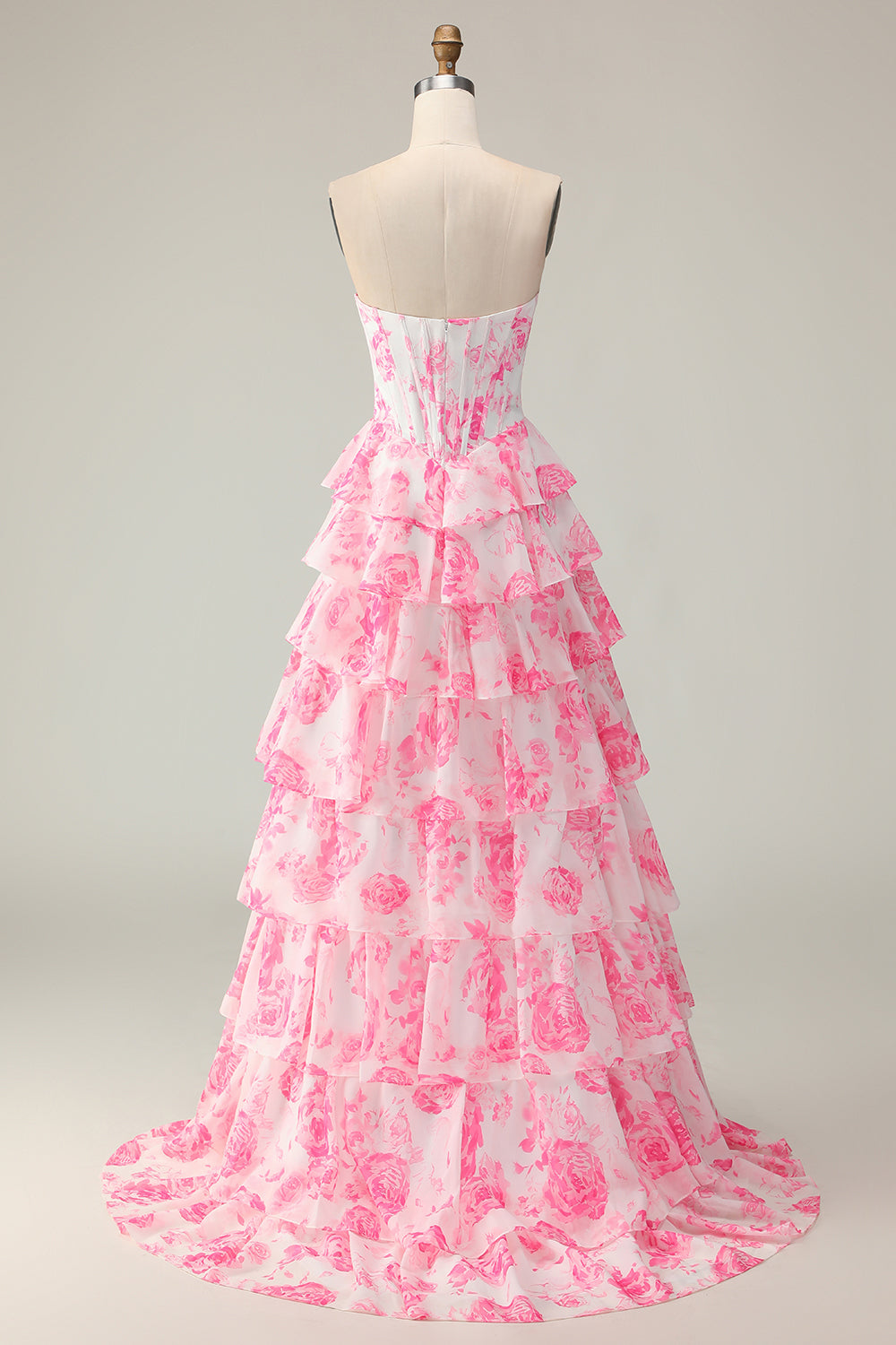 Sparkly White and Pink Floral Ruffled Strapless Corset Long Prom Dress