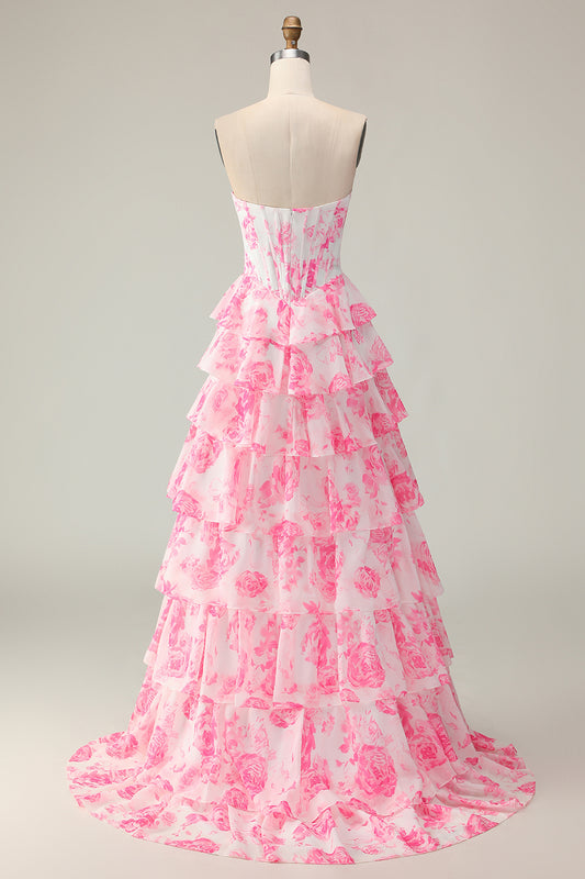 Sparkly White and Pink Floral Ruffled Strapless Corset Long Prom Dress