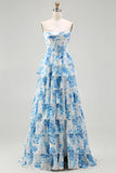 Sparkly White and Blue Floral Ruffled Strapless Corset Long Prom Dress