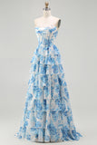 Sparkly White and Blue Floral Ruffled Strapless Corset Long Prom Dress