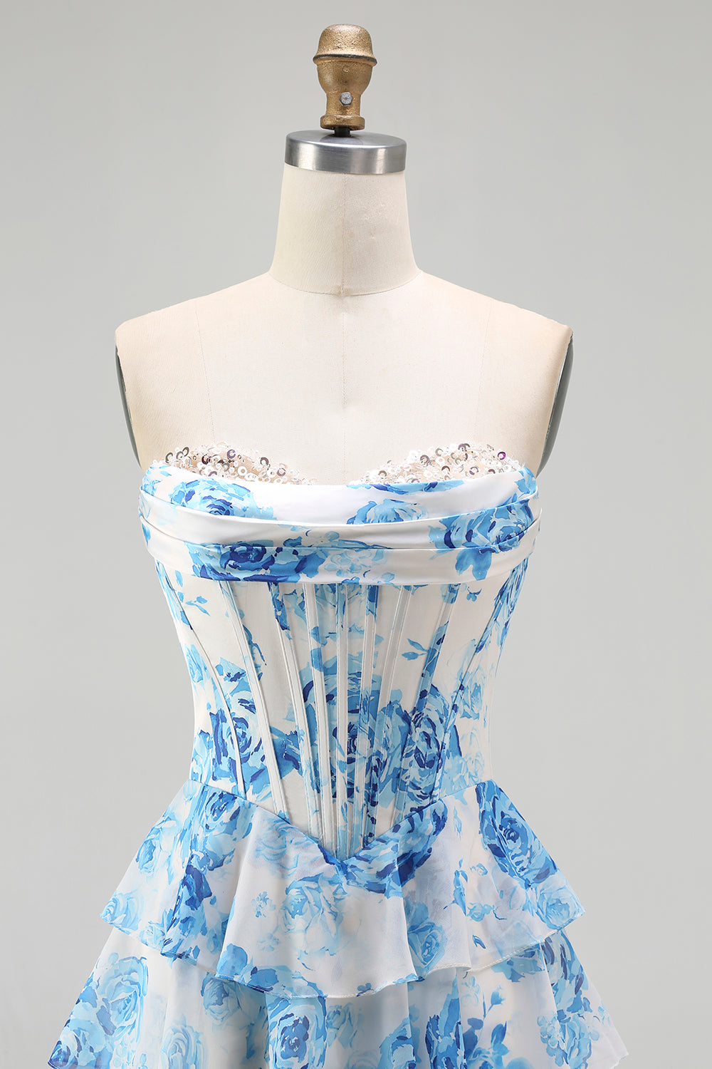 Sparkly White and Blue Floral Ruffled Strapless Corset Long Prom Dress