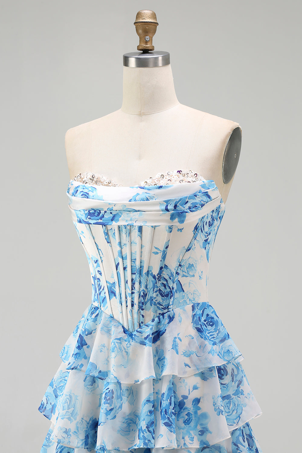 Sparkly White and Blue Floral Ruffled Strapless Corset Long Prom Dress