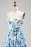 Sparkly White and Blue Floral Ruffled Strapless Corset Long Prom Dress