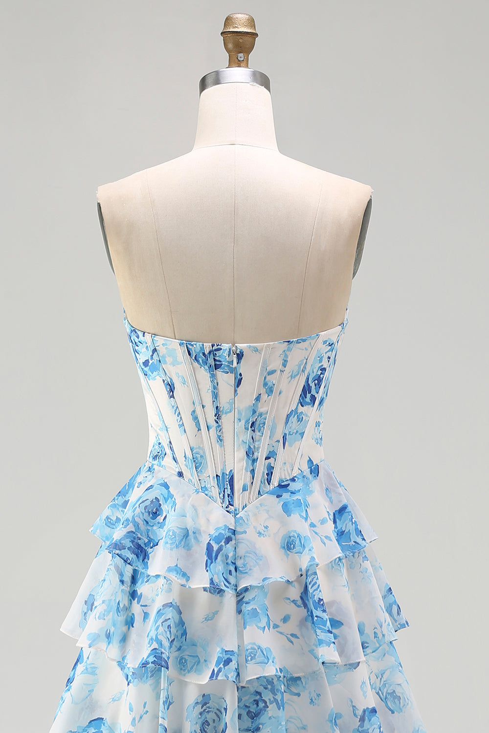Sparkly White and Blue Floral Ruffled Strapless Corset Long Prom Dress