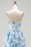 Sparkly White and Blue Floral Ruffled Strapless Corset Long Prom Dress