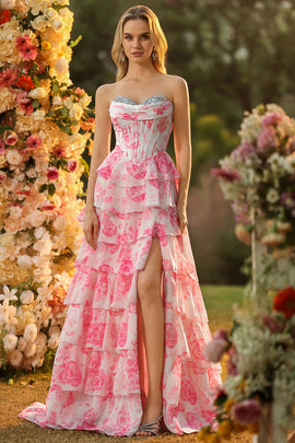Sparkly Floral White Pink Ruffled Strapless Long Corset Prom Dress