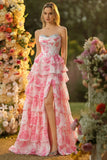 Sparkly Floral White Pink Ruffled Strapless Long Corset Prom Dress