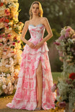 Sparkly Floral White Pink Ruffled Strapless Long Corset Prom Dress