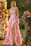Sparkly Floral White Pink Ruffled Strapless Long Corset Prom Dress