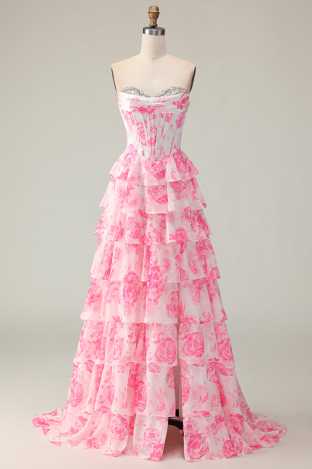 Sparkly White and Pink Floral Ruffled Strapless Corset Long Prom Dress