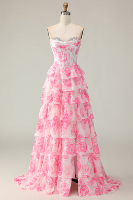 Sparkly White and Pink Floral Ruffled Strapless Corset Long Prom Dress