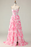 Sparkly White and Pink Floral Ruffled Strapless Corset Long Prom Dress