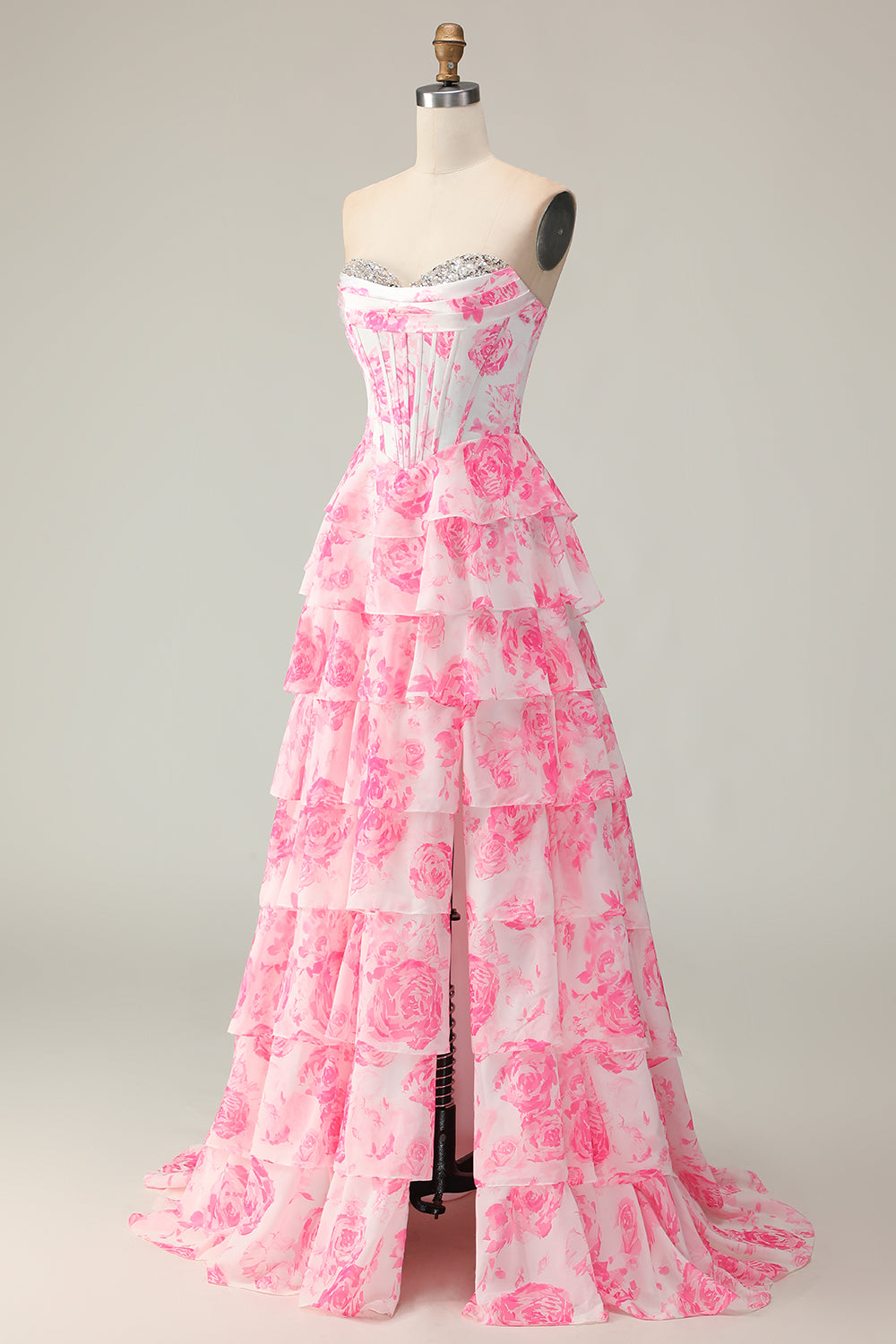 Sparkly White and Pink Floral Ruffled Strapless Corset Long Prom Dress