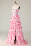 Sparkly White and Pink Floral Ruffled Strapless Corset Long Prom Dress