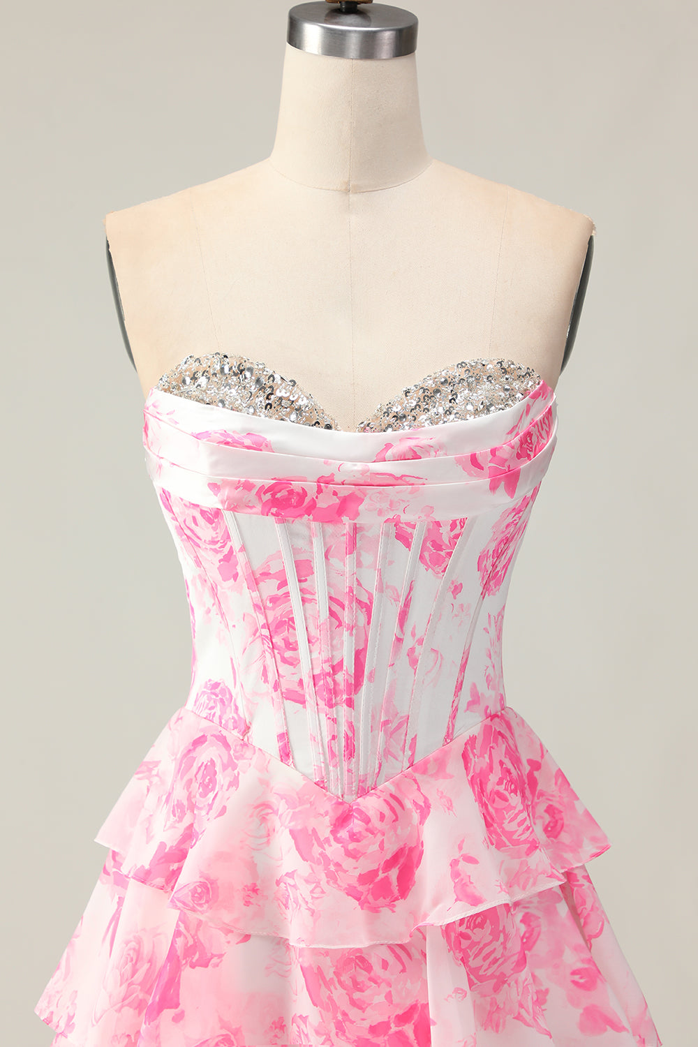 Sparkly White and Pink Floral Ruffled Strapless Corset Long Prom Dress