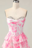 Sparkly White and Pink Floral Ruffled Strapless Corset Long Prom Dress