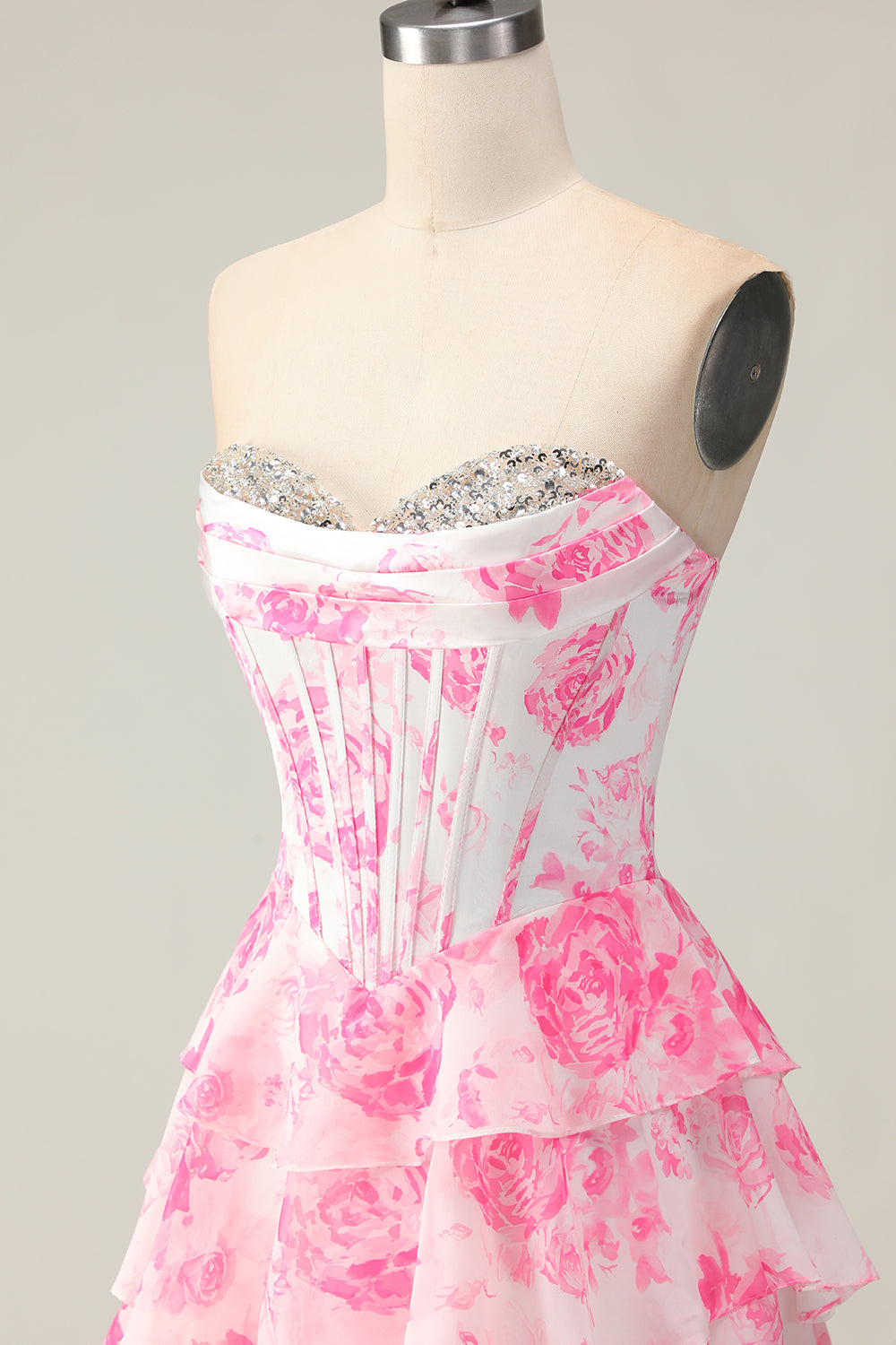Sparkly White and Pink Floral Ruffled Strapless Corset Long Prom Dress