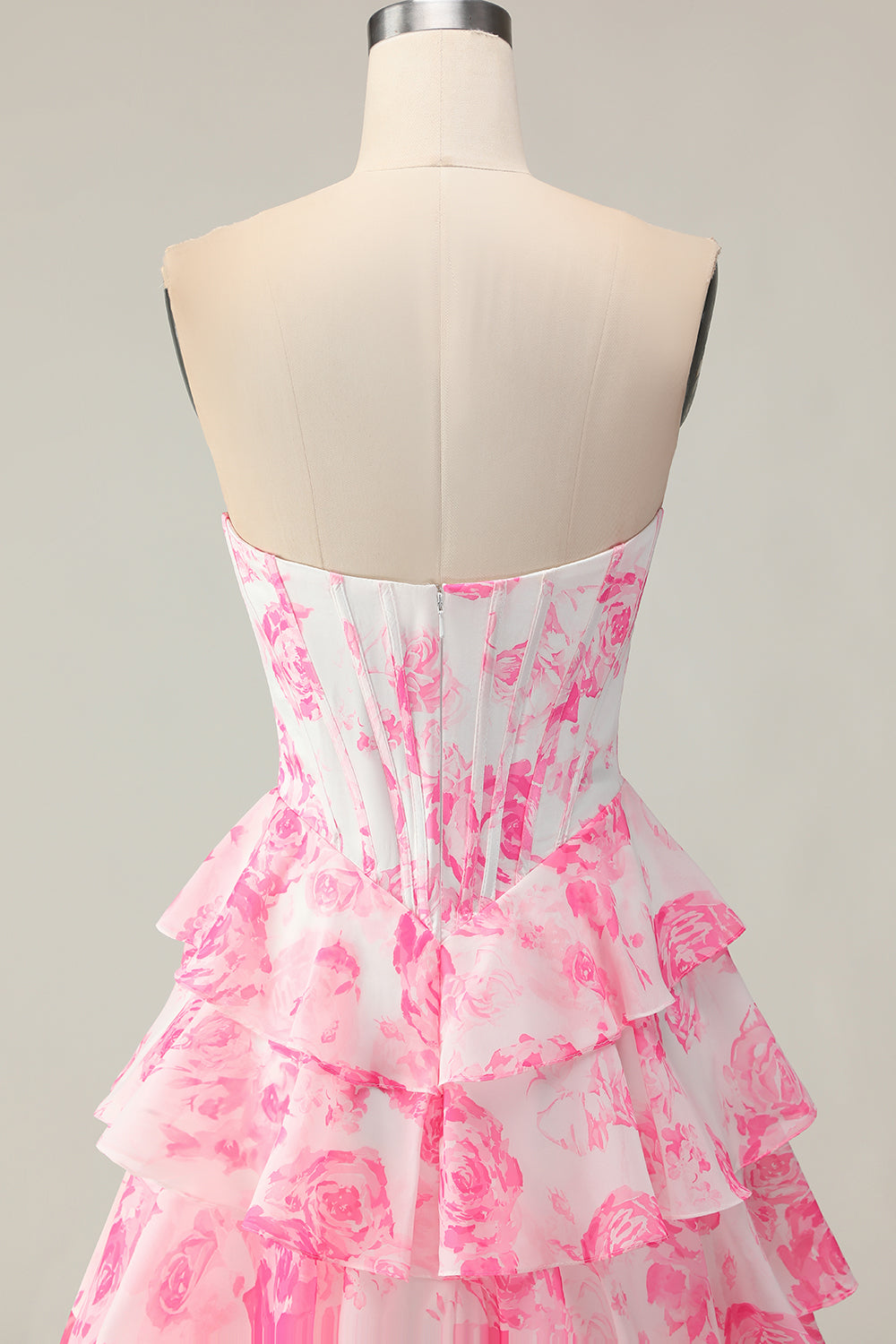 Sparkly White and Pink Floral Ruffled Strapless Corset Long Prom Dress
