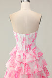 Sparkly White and Pink Floral Ruffled Strapless Corset Long Prom Dress