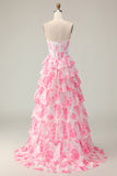 Sparkly White and Pink Floral Ruffled Strapless Corset Long Prom Dress