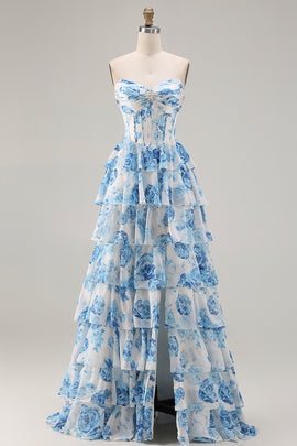 Sparkly White and Blue Floral Tiered Long Corset Prom Dress with Slit