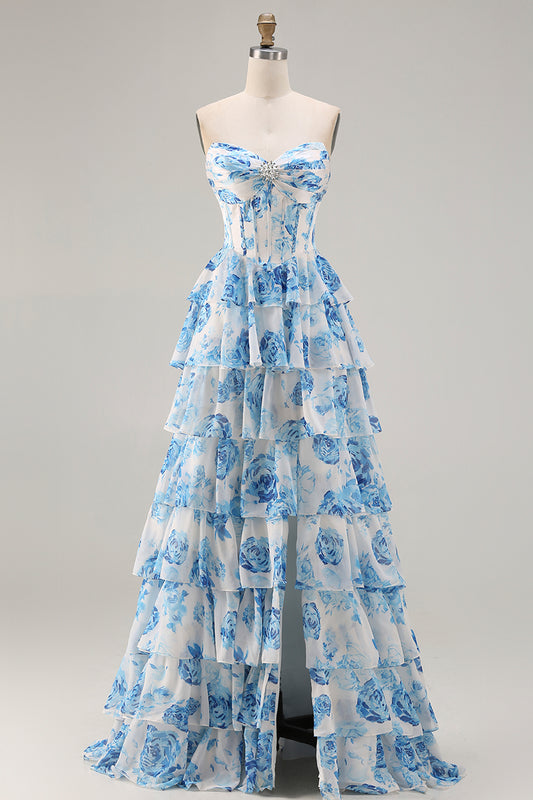 Sparkly White and Blue Floral Tiered Long Corset Prom Dress with Slit